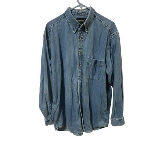 Vintage Eddie Bauer Shirt Mens L‎ Blue Distressed Denim Long Sleeve Button Up - Picture 1 of 5